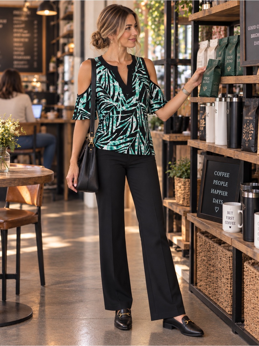 BCBGMAXAZRIA Tropical Print Cold Shoulder Blouse Black Teal Size XS